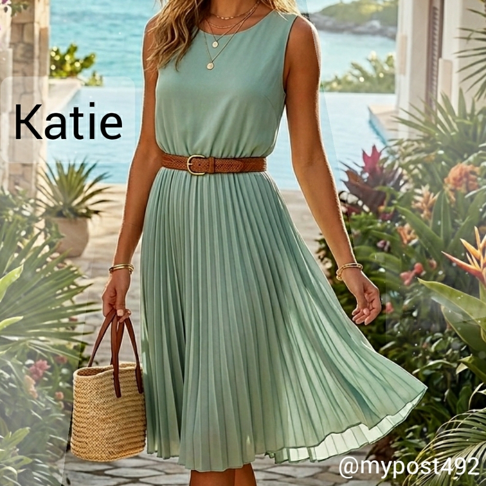 Katie🌿Green Chiffon Pleated Stretchy Waist Midi Dress| Longer Back